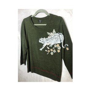J.Crew Green Sweater with Leopard Print